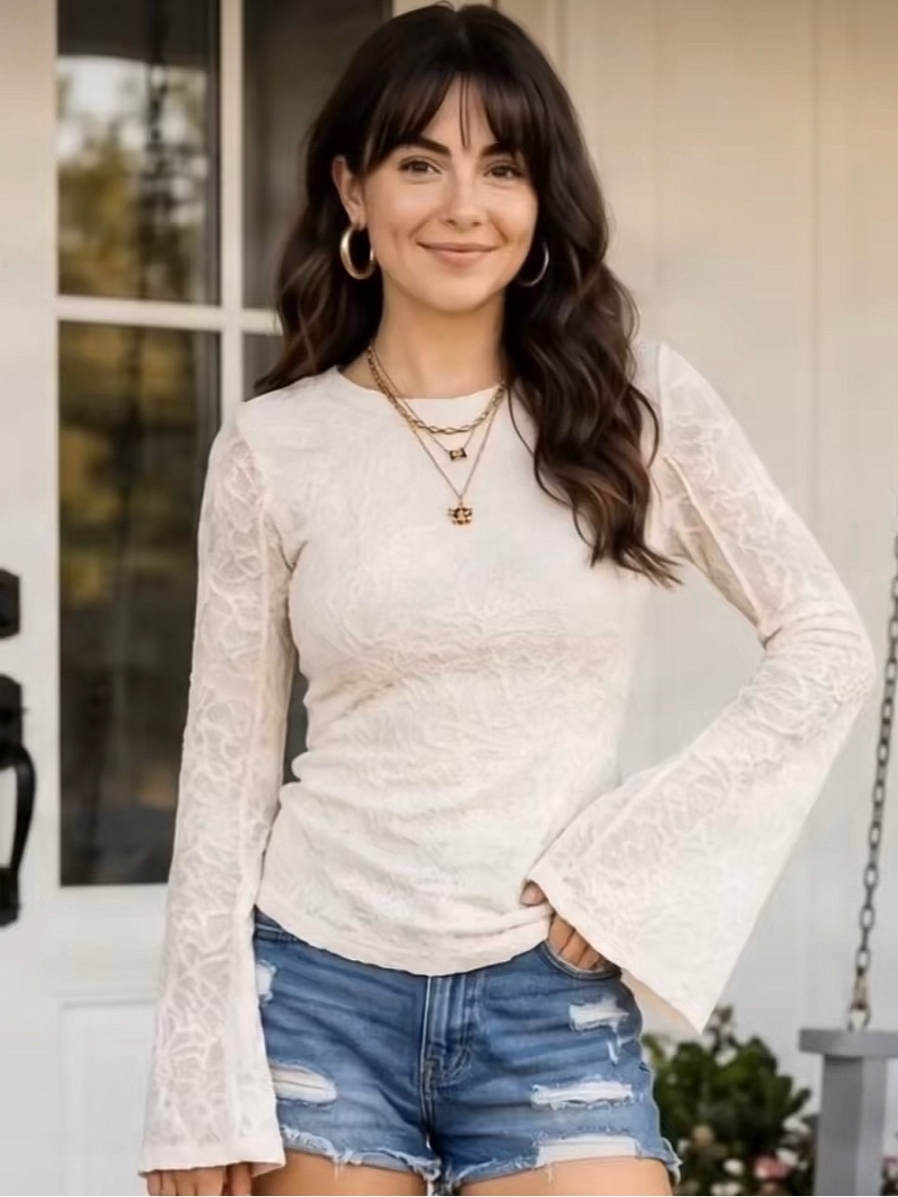 Lace Bell-Sleeve Women's Top in Cream XL